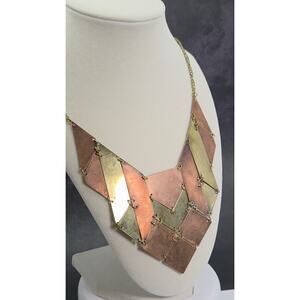 Fabulous Metal Multi Tone Bib Necklace Flat Interlocking Panels Vintage Icing